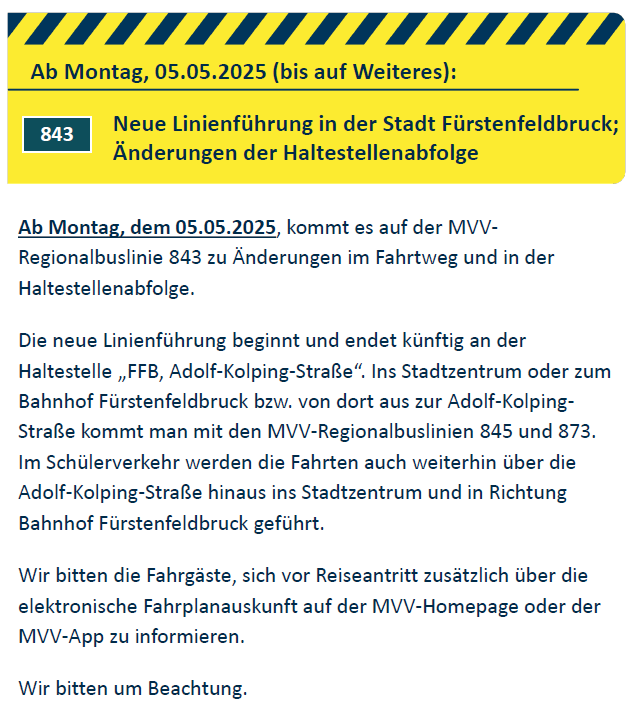 Änderung in der Buslinienführung 843 ab Mai 2025